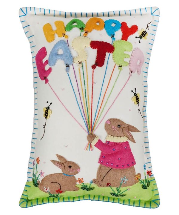 White Pillow With Rabbits Holding Happy Easter Balloon Largest Supplier Online