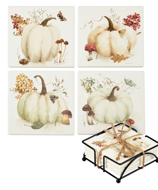 White Pumpkin & Fall Foliage Coasters Set/4 Sast Cheap Pice