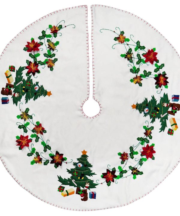 White Tree Skirt With Christmas Trees & Presents Discount Low Pice