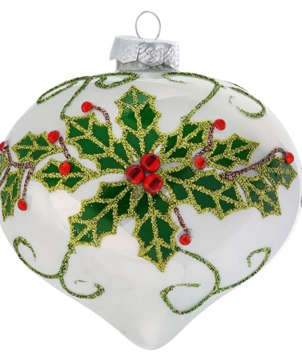White With Holly Leaves & Red Jewels Design Glass Finial Ornament Pay With Visa Cheap Online