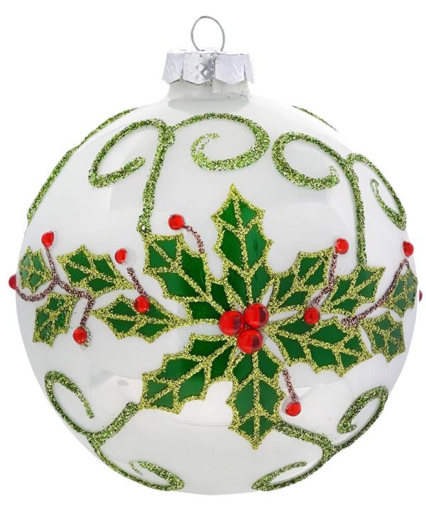 White With Holly Leaves & Red Jewels Design Glass Ornament Comfortable Online