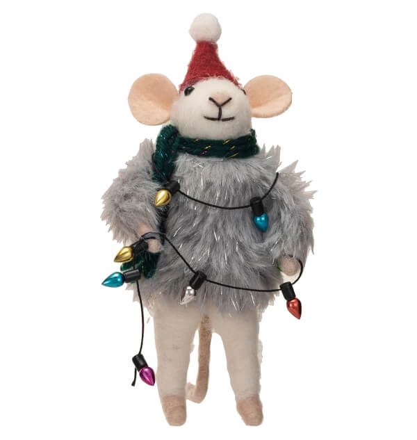White Wool Felt Christmas Mouse With Faux Fur Sweater Discount Supply