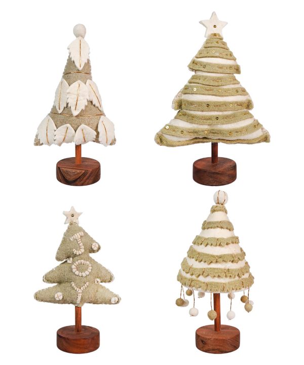 Wool Felt Christmas Trees With Applique, Pom Poms, Star & Wood Base Set/4 Cheap Nicekicks