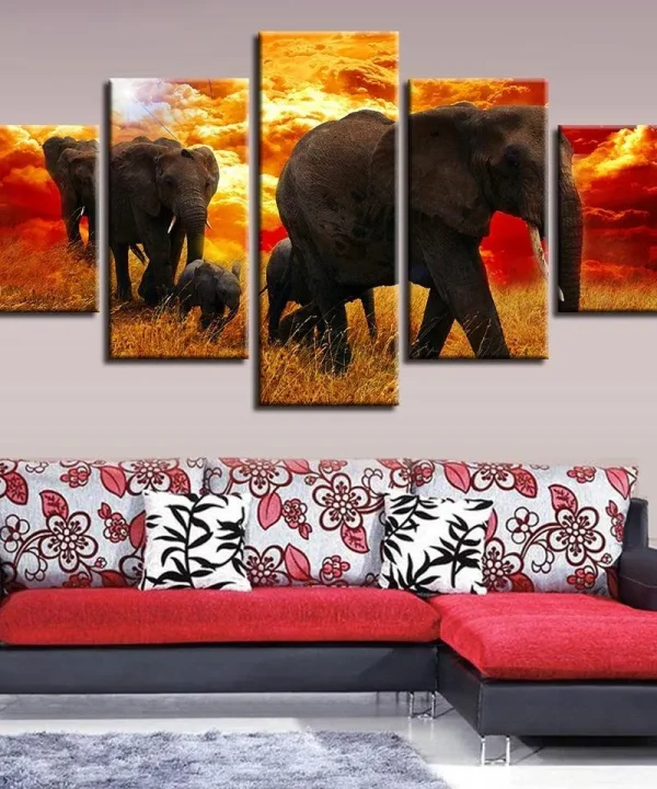 Elephant Herd 5 Piece HD Multi Panel Canvas Wall Art Frame