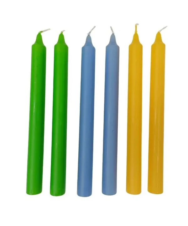 Sunrise Taper Candle 240mm set of 6 in lime, lake blue, yellow