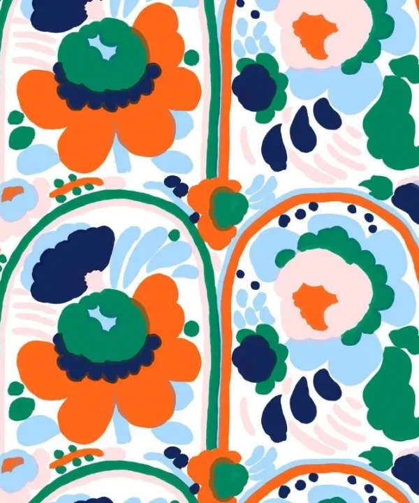 Karuselli Cotton Fabric in white, blue, orange, emerald