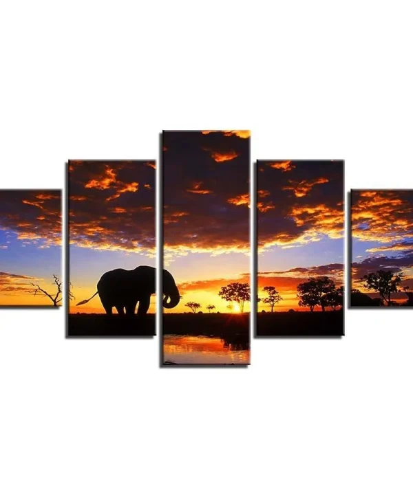 Elephant Sunset Scenery 5 Piece HD Multi Panel Canvas Wall Art Frame