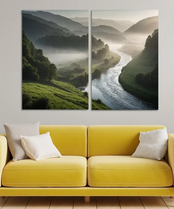 The Serenity of Misty River Bends 2 Piece HD Canvas Wall Art