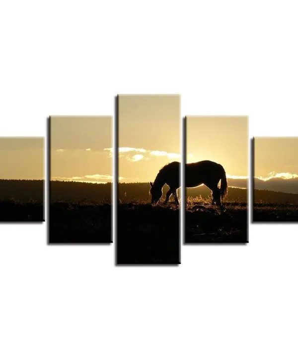 Sunset Prairie Animal Horse 5 Piece HD Multi Panel Canvas Wall Art Frame