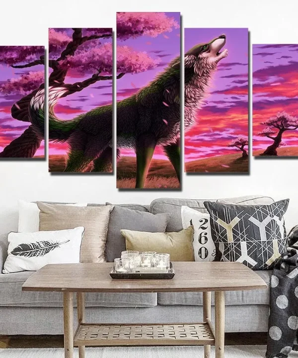 Animal Wolf Blossom 5 Piece HD Multi Panel Canvas Wall Art Frame