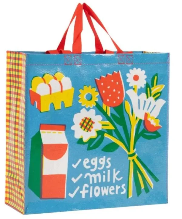 Shopper Eggs. Milk. Flowers.