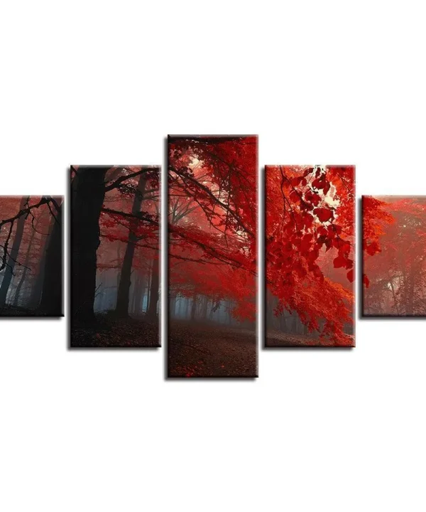 Red Forest Trees 5 Piece HD Multi Panel Canvas Wall Art Frame
