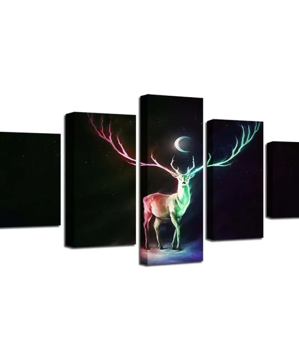Abstract Deer And Moon Night 5 Piece HD Multi Panel Canvas Wall Art Frame