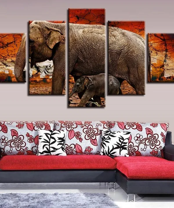 Elephant And Baby 5 Piece HD Multi Panel Canvas Wall Art Frame