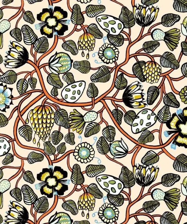 Tiara Cotton Fabric in sand, warm orange, green