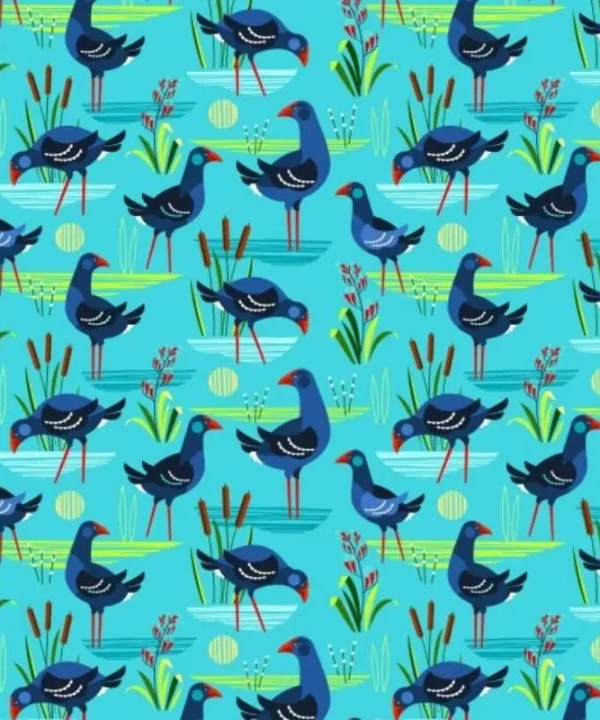 Early Birds Pukeko Fabric in turquoise
