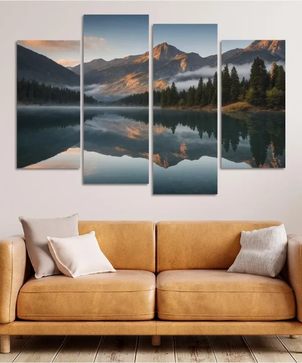 The Serene Reflection of Glassy Lake 4 Piece HD Canvas Wall Art