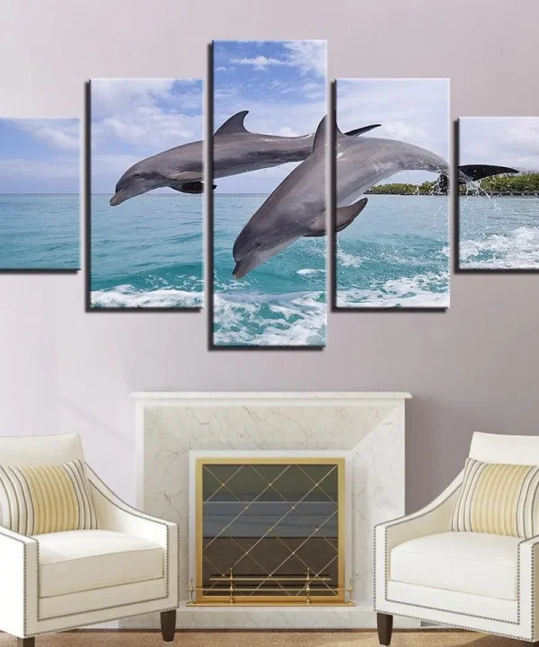 Two Dolphins Jump Out Of The Sea 5 Piece HD Multi Panel Canvas Wall Art Frame