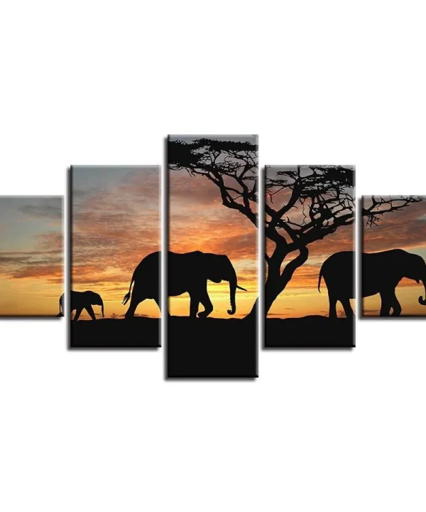 Elephants 5 Piece HD Multi Panel Canvas Wall Art Frame