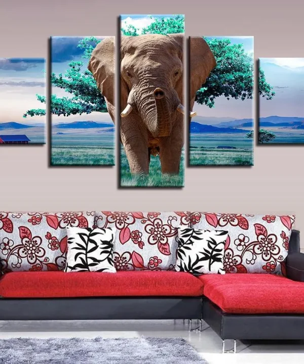 Elephants And Green Trees 5 Piece HD Multi Panel Canvas Wall Art Frame