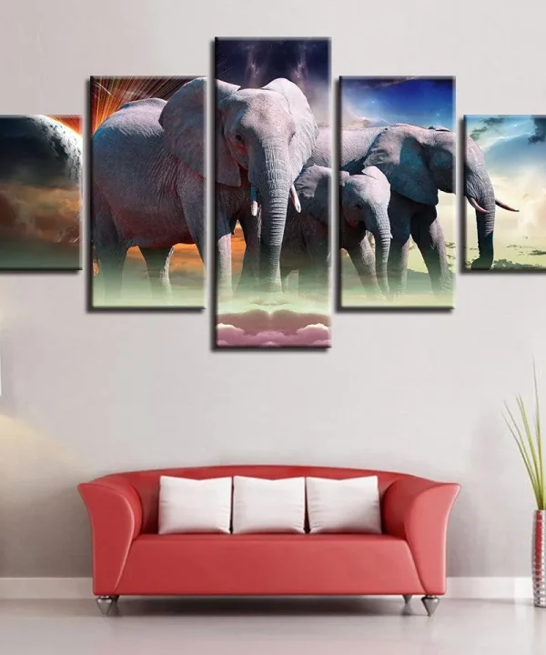 Wild Elephant Pack 5 Piece HD Multi Panel Canvas Wall Art Frame