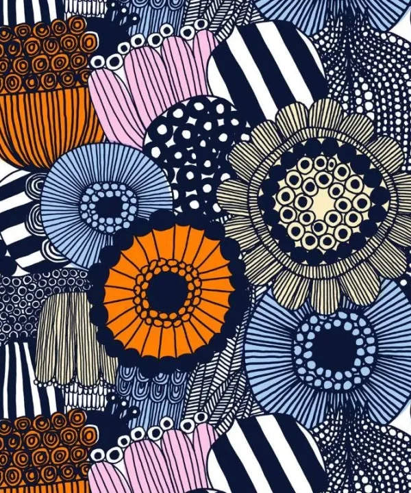 Siirtolapuutarha Acrylic Coated Cotton Fabric in white, yellow, orange, blue