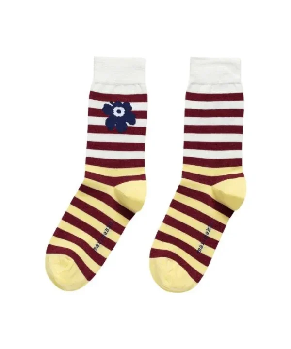 Kasvaa Tasaraita Unikko Two Socks in yellow, wine red, white
