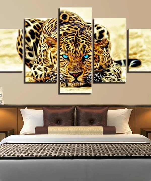 Leopard Blue Eyes 5 Piece HD Multi Panel Canvas Wall Art Frame