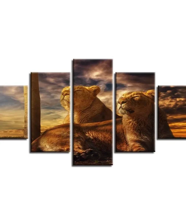Sunset Animals Lions 5 Piece HD Multi Panel Canvas Wall Art Frame