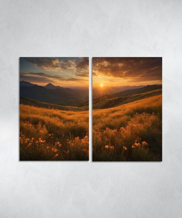 Golden Horizon Over Ember Meadows 2 Piece HD Canvas Wall Art