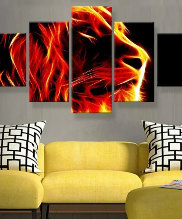 Lion Abstract Fire Painting 5 Piece HD Multi Panel Canvas Wall Art Frame