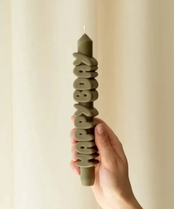 Happy Birthday 3D Taper Candle in olive green