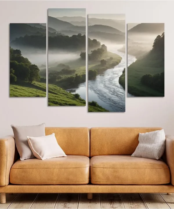 The Serenity of Misty River Bends 4 Piece HD Canvas Wall Art