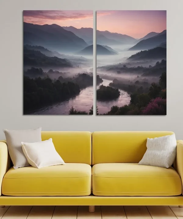 Whispers of the Dusk Over Misty Valleys 2 Piece HD Canvas Wall Art
