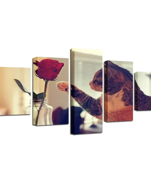 Cat And Red Rose 5 Piece HD Multi Panel Canvas Wall Art Frame