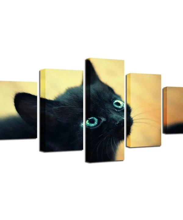 Black Cat Blue 5 Piece HD Multi Panel Canvas Wall Art Frame