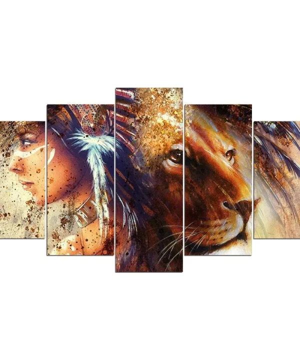 Indian Girl And Lion 5 Piece HD Multi Panel Canvas Wall Art Frame