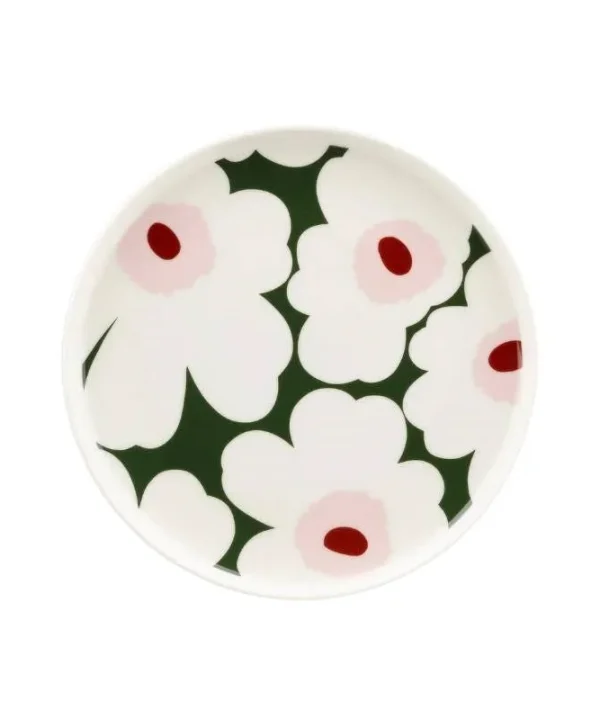 Oiva Unikko Plate 20cm in white, dark green, light pink